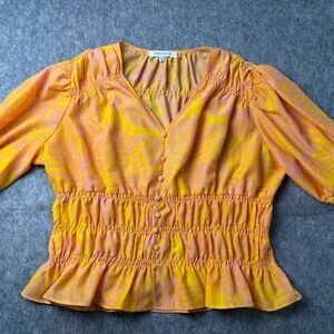 Rose + Olive Blouse Womens Large Yellow Pink Palm Leaf Cropped 3/4 Sleeve V-Neck